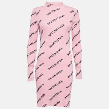 Pre Owned Balenciaga Pink Logo Print Rib Knit Bodycon Dress M