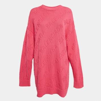 Pre Owned Balenciaga Pink Logo Embossed Knit Oversized Sweater S