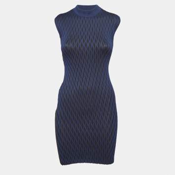 Pre Owned Balenciaga Black/Blue Textured Knit Mini Dress S
