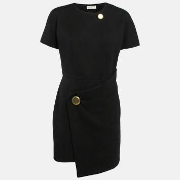Pre Owned Balenciaga Black Wool Wrap Detail Asymmetric Hem Mini Dress M