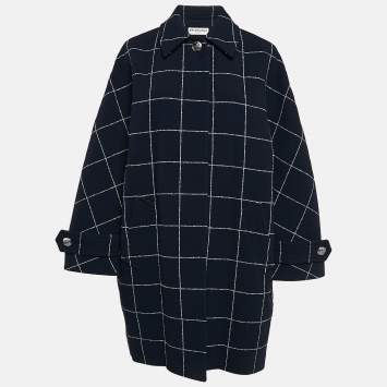 Pre Owned Balenciaga Navy Blue Checkered Wool Mid-Length Coat M