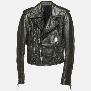Pre Owned Balenciaga Black Leather Zip-Up Biker Jacket S