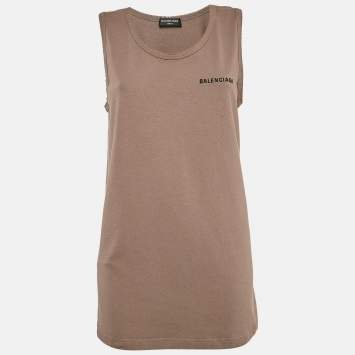 Pre Owned Balenciaga Brown Logo Embroidered Jersey Sleeveless T-Shirt XXS