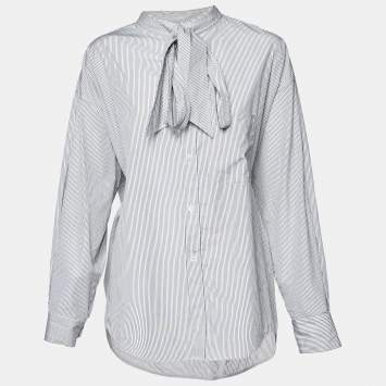 Pre Owned Balenciaga Black/White Logo Print Stripe Cotton Oversized Shirt S