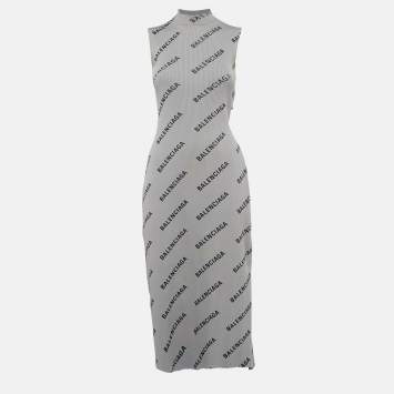 Pre Owned Balenciaga Allover Logo Rib Knit Wrap Midi Dress S