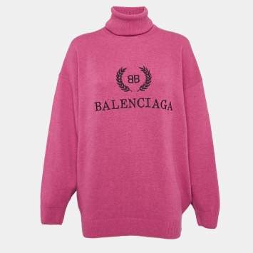 Pre Owned Balenciaga Pink Logo Embroidered Wool Rib Knit Turtleneck Sweater XS