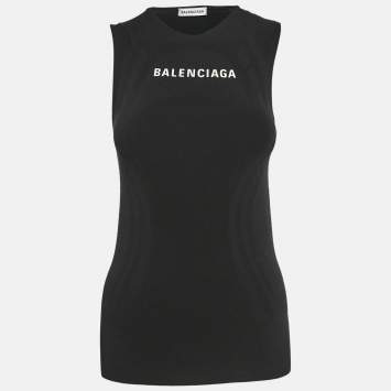 Pre Owned Balenciaga Black Logo Print Jersey Tank Top M
