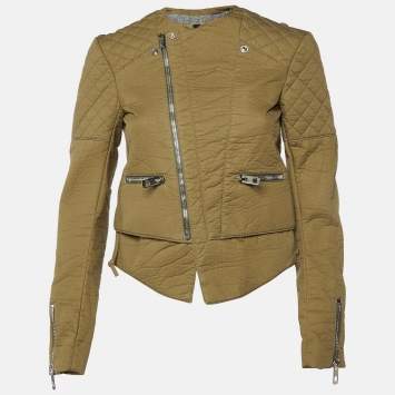 Balenciaga Green Cotton Blend Quilt Detail Biker Jacket S