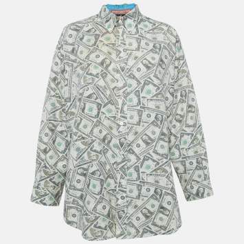 Pre Owned Balenciaga Green USD Print Cotton Blend Oversized Shirt S