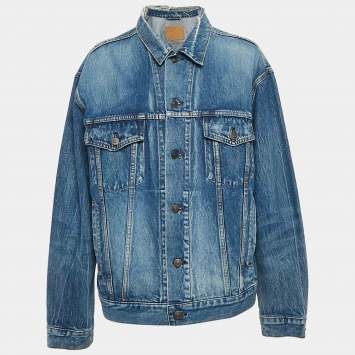 Pre Owned Balenciaga Blue Logo Print Ripped Collar Denim Oversized Jacket M 
