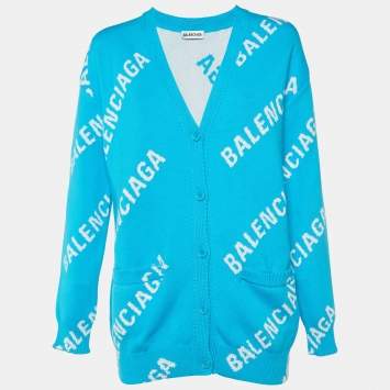 Pre Owned Balenciaga Blue All Over Logo Intarsia Knit Cardigan S