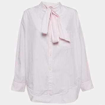 مملوكة مسبقًا Balenciaga Pink/White Stripe Cotton Neck Tie Detail Oversized Shirt S