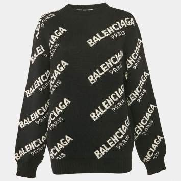 Pre Owned Balenciaga Black Logo Jacquard Knit Jumper L