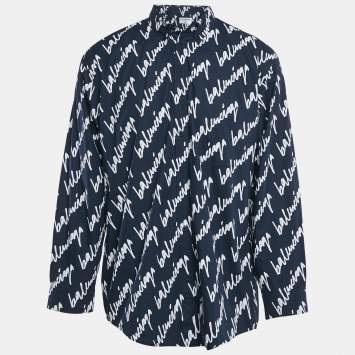 Pre Owned Balenciaga Midnight Blue Logo Print Cotton Unisex Oversized Shirt M
