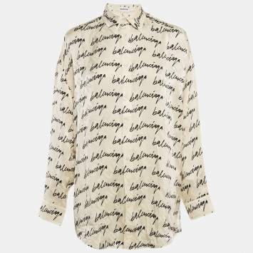 Pre Owned Balenciaga White Logo Print Jacquard Silk Button Front Blouse S