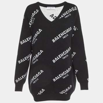 Pre Owned Balenciaga Black All Over Logo Wool Knit Sweater L