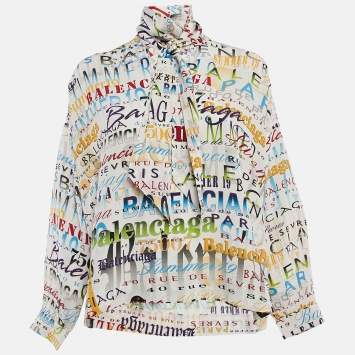 Pre Owned Balenciaga Multicolor Silk Logo Print Tie-Up Neck Detail Blouse S