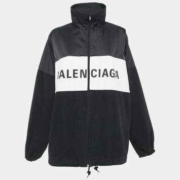 Balenciaga Black Logo Print Nylon and Denim Zip-Up Oversized Jacket S