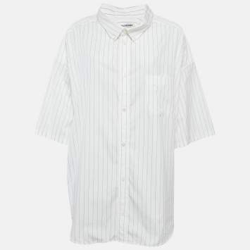 Pre Owned Balenciaga White Logo Printed Stripe Cotton Button Front Oversized Shirt S