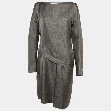 Pre Owned Balenciaga Grey Wool Blend Midi Dress L