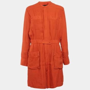 Pre Owned Balenciaga Orange Silk Long Sleeve Short Dress L 