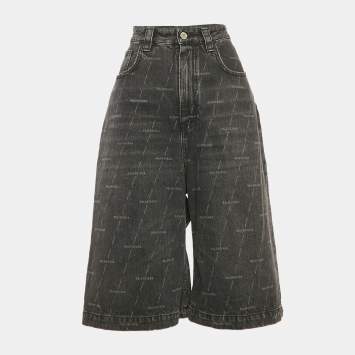 Pre Owned Balenciaga Black Logo Print Denim Mid-Rise Shorts S