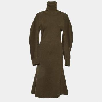 Pre Owned Balenciaga Green Wool Knit Turtle Neck Midi Dress S