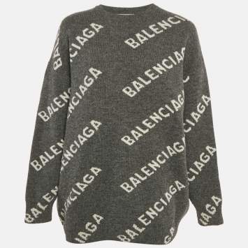 Pre Owned Balenciaga Grey Logo Intarsia Wool Knit Sweater S
