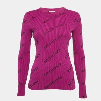 Pre Owned Balenciaga Purple Logo Print Rib Knit Long Sleeve Jumper M