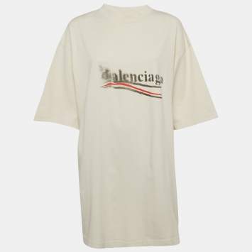 Pre Owned Balenciaga Unisex Cream Logo Print Crewneck T-Shirt L