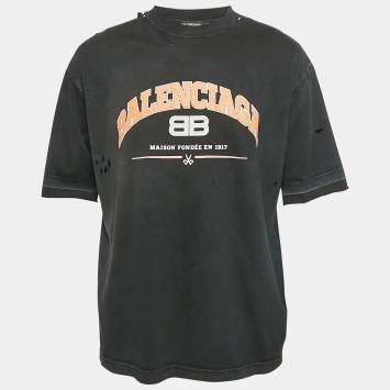 Pre Owned Balenciaga Unisex Black Logo Print Distressed T-Shirt M