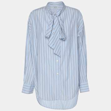 Pre Owned Balenciaga Blue Striped Cotton Logo Print Oversized Shirt S