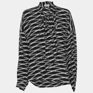 مملوكة مسبقًا Balenciaga Black Zig Zag Logo Printed Silk Neck Tie Detail Top M