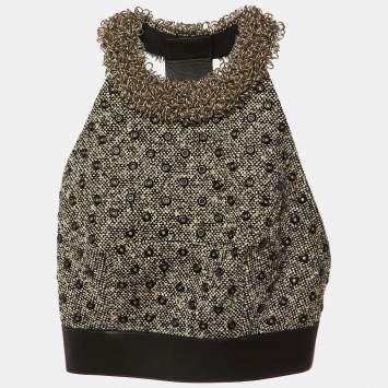 مملوكة مسبقًا Balenciaga Black/White Eyelet and Ring Embellished Tweed Halter Neck Top M