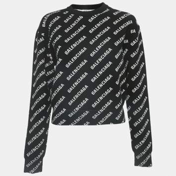 Pre Owned Balenciaga Black Logo Jacquard Knit Long Sleeve Sweater S