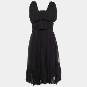Pre Owned Balenciaga Black Silk Chiffon Draped Mini Dress M
