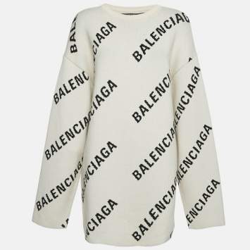 Pre Owned Balenciaga Off-White Monogram Jacquard Knit Crew Neck Sweater S