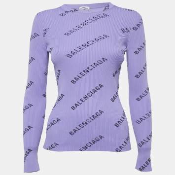 مملوكة مسبقًا Balenciaga Purple All-Over Print Rib Knit Crewneck Sweater M