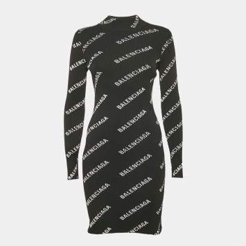Pre Owned Balenciaga Black All-Over Print Rib Knit Bodycon M
