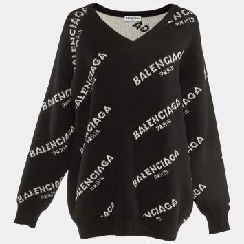 Pre Owned Balenciaga Black All Over Logo Wool Sweater M
