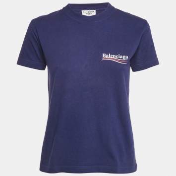 Pre Owned Balenciaga Ink Blue Logo Print Cotton Crew Neck T-Shirt M 
