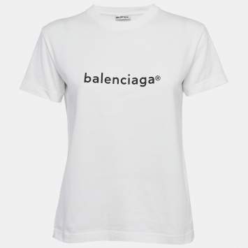 Pre Owned Balenciaga White Logo Print Jersey T-Shirt M