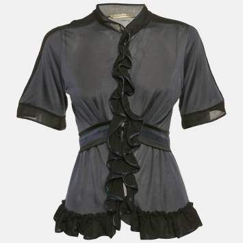 Pre Owned Balenciaga Navy Blue Silk Jersey Ruffled Top M