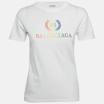 Pre Owned Balenciaga White Logo Embroidered Jersey T-Shirt S