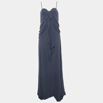 Balenciaga Navy Blue Crepe Drape Detail Maxi Dress M