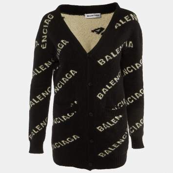 Pre Owned Balenciaga Black Logo Jacquard Knit Long Archetype Cardigan S