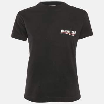 Pre Owned Balenciaga Black Logo Print Cotton Crew Neck T-Shirt M