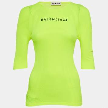 Pre Owned Balenciaga Acid Green Logo Print Mesh Jersey Fitted Top S