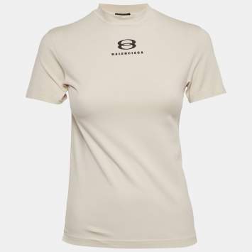 Pre Owned Balenciaga Beige Logo Print Jersey T-Shirt S