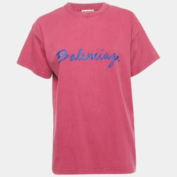 Balenciaga Pink Logo Print Cotton Distressed T-Shirt XS 
